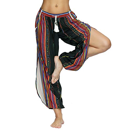 Nuofengkudu Mujer Hippies Pantalones Dividir Pata Estampados Boho Flores Verano Alta Cintura Tailandes Harem Drawstring Yoga Pants Verano Playa(Negro Arco,Large)