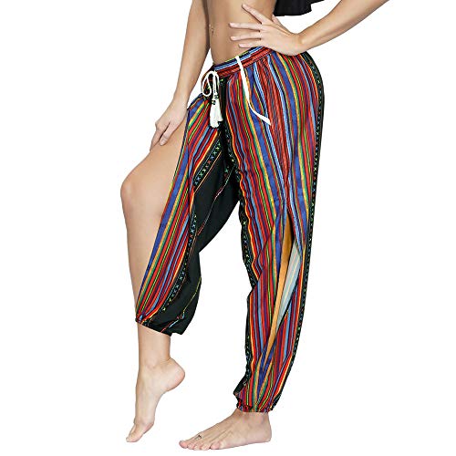 Nuofengkudu Mujer Hippies Pantalones Dividir Pata Estampados Boho Flores Verano Alta Cintura Tailandes Harem Drawstring Yoga Pants Verano Playa(Negro Arco,Large)