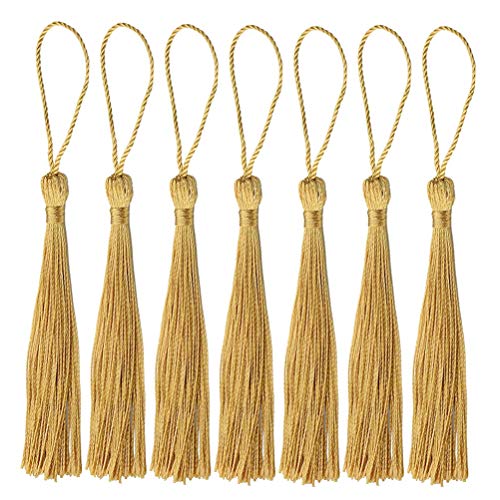 Nuoshen borlas doradas, 100 borlas doradas, borlas doradas, borlas de hilo sedoso, borlas con bucles para manualidades hechas a mano