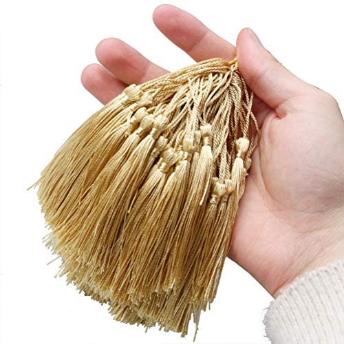 Nuoshen borlas doradas, 100 borlas doradas, borlas doradas, borlas de hilo sedoso, borlas con bucles para manualidades hechas a mano