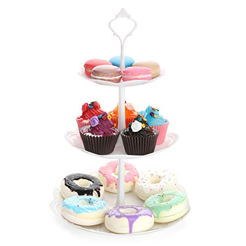 Nuovoware Soporte de 3 Niveles para Postal, Soporte Redondo de Plastico para Frutas Postres y Caramelo, Soporte de Árbol para La Fiesta de Boda y Cumpleaño - Blanco Blanco