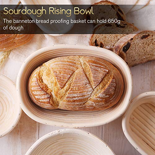 NUTRIUPS Canasta de Pan de Banneton Ovalada de 25 cm, A Prueba de Masa Agria, Tazón de Ratán de Masa con Revestimiento de Tela, Raspador, Cojo y Cepillo - Canasta Natural para Panadero Casero (25 cm)