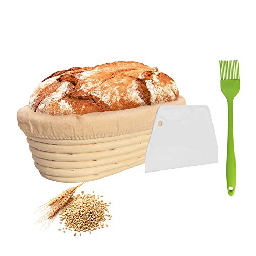 NUTRIUPS Canasta de Pan de Banneton Ovalada de 25 cm, A Prueba de Masa Agria, Tazón de Ratán de Masa con Revestimiento de Tela, Raspador, Cojo y Cepillo - Canasta Natural para Panadero Casero (25 cm)