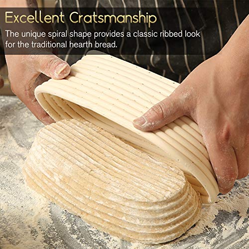 NUTRIUPS Canasta de Pan de Banneton Ovalada de 25 cm, A Prueba de Masa Agria, Tazón de Ratán de Masa con Revestimiento de Tela, Raspador, Cojo y Cepillo - Canasta Natural para Panadero Casero (25 cm)