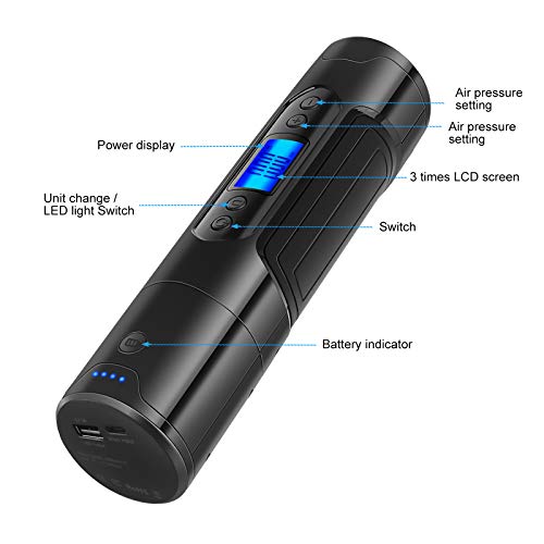 NWOUIIAY Mini Compresor de Aire Portátil 150 PSI 25L/MIN Cable USB Recargable con LED y Pantalla LCD Digital para Balones Neumáticos de Moto Bicicleta