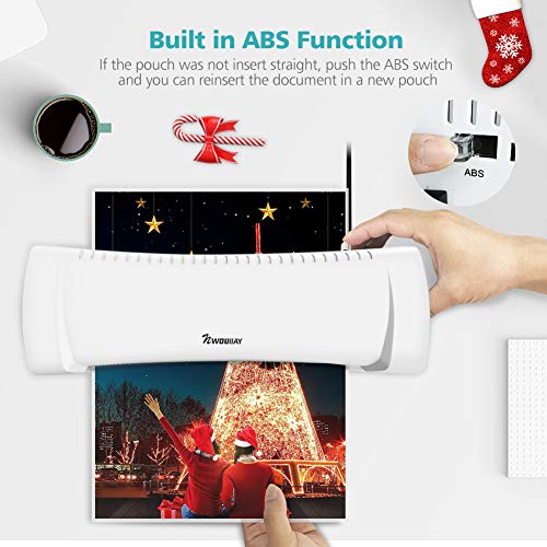 NWOUIIAY Plastificadora Máquina de Laminadora Fría y Caliente 280mm/min ABS Botón A4 A5 A6 con 15 Películas Laminadas Uso en Colegio Oficina Casa Blanca