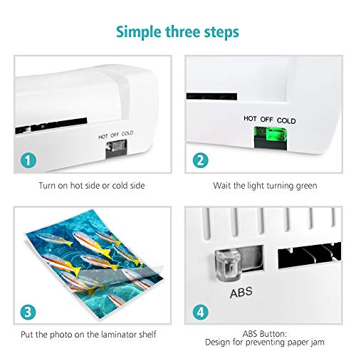 NWOUIIAY Plastificadora Máquina de Laminadora Fría y Caliente 280mm/min ABS Botón A4 A5 A6 con 15 Películas Laminadas Uso en Colegio Oficina Casa Blanca
