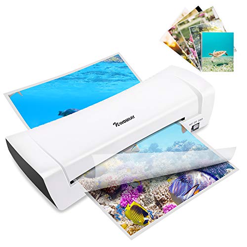 NWOUIIAY Plastificadora Máquina de Laminadora Fría y Caliente 280mm/min ABS Botón A4 A5 A6 con 15 Películas Laminadas Uso en Colegio Oficina Casa Blanca