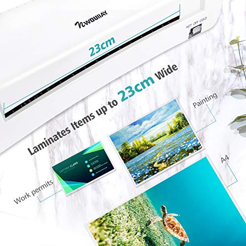 NWOUIIAY Plastificadora Máquina de Laminadora Fría y Caliente 280mm/min ABS Botón A4 A5 A6 con 15 Películas Laminadas Uso en Colegio Oficina Casa Blanca