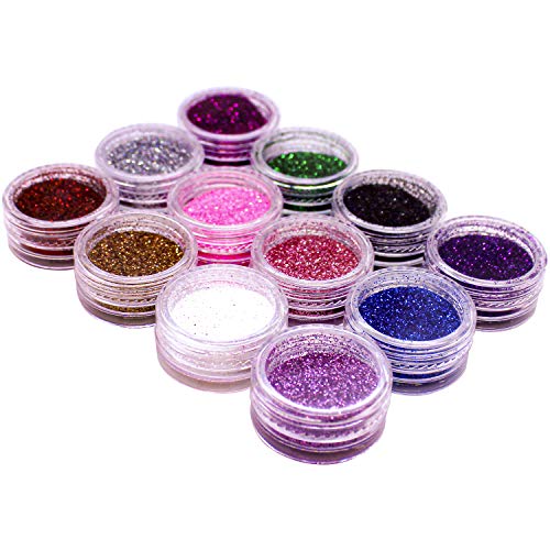 NYK1 12 botes de brillantina coloreada, polvo fino, para decoración de uñas, decoración y diseño de cara, cuerpo y pelo