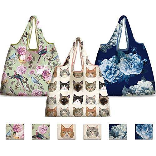 NymphFable 6 Pcs Bolsa Compra Reutilizables Gato Flores Peonía Pájaros Bolsas para Comestibles Ecológicas Plegables Grande