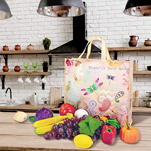 NymphFable 6 Pcs Bolsa Compra Reutilizables Jardín de Libélulas Bolsas para Comestibles Impermeable Ecológicas Plegables Grande