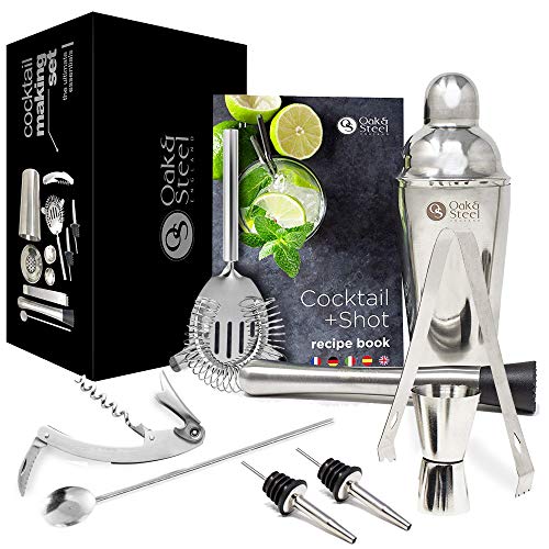 Oak & Steel 10 Piezas Profesional Coctelera de Cóctel Set, Coctelería de Bar| Completar Acero Inoxidable Coctel Bebida Cocktail Shaker Set| Elegante Caja de Regalo
