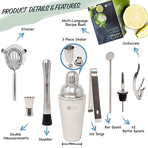 Oak & Steel 10 Piezas Profesional Coctelera de Cóctel Set, Coctelería de Bar| Completar Acero Inoxidable Coctel Bebida Cocktail Shaker Set| Elegante Caja de Regalo