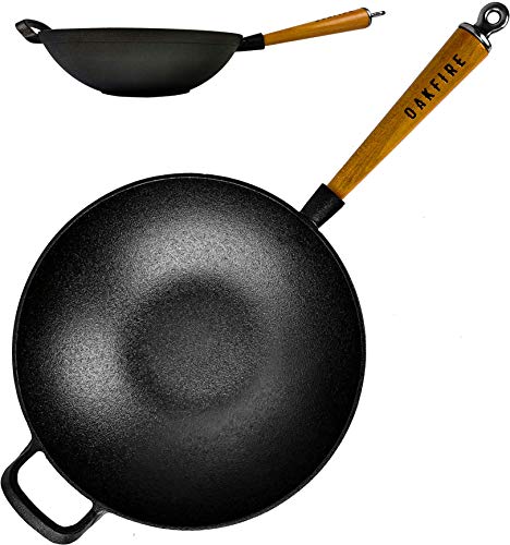 Oakfire - Sartén wok (hierro fundido, inducción, 31 cm, mango de madera)