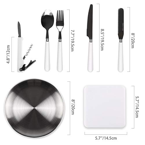 Odoland Kit de Vajilla, Cubiertos e Platos Kit de Picnic con Placa, Cuchara, Tenedor, Servilleta, Tabla para Cortar y Abridor de Botellas - Kit de Cubiertos de Acampada 1-2 Personas