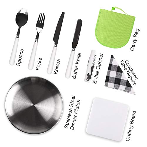 Odoland Kit de Vajilla, Cubiertos e Platos Kit de Picnic con Placa, Cuchara, Tenedor, Servilleta, Tabla para Cortar y Abridor de Botellas - Kit de Cubiertos de Acampada 1-2 Personas