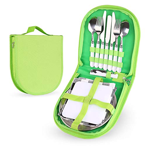 Odoland Kit de Vajilla, Cubiertos e Platos Kit de Picnic con Placa, Cuchara, Tenedor, Servilleta, Tabla para Cortar y Abridor de Botellas - Kit de Cubiertos de Acampada 1-2 Personas