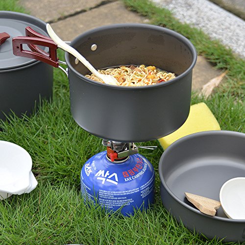 Odoland Utensilios Cocina Camping Kit 14-en-1, Portable Cooking Set con Ollas y Sartenes para Acampar, Platos, Tazones - Juego de Vajilla para Barbacoas, Camping, Escalada