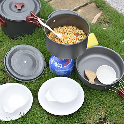 Odoland Utensilios Cocina Camping Kit 14-en-1, Portable Cooking Set con Ollas y Sartenes para Acampar, Platos, Tazones - Juego de Vajilla para Barbacoas, Camping, Escalada