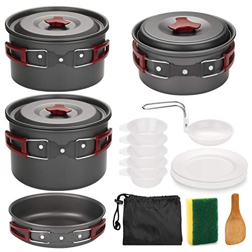Odoland Utensilios Cocina Camping Kit 14-en-1, Portable Cooking Set con Ollas y Sartenes para Acampar, Platos, Tazones - Juego de Vajilla para Barbacoas, Camping, Escalada