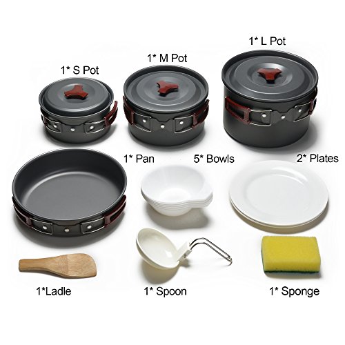 Odoland Utensilios Cocina Camping Kit 14-en-1, Portable Cooking Set con Ollas y Sartenes para Acampar, Platos, Tazones - Juego de Vajilla para Barbacoas, Camping, Escalada