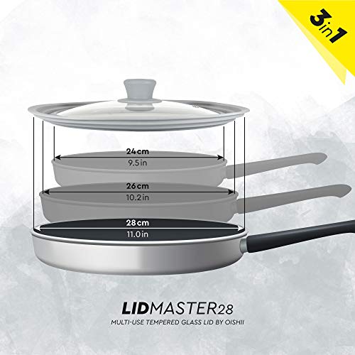 Oishii Tapa Universal de Vidrio con Borde de Silicona, para Ollas y Sartenes de Ø 24, 26 y 28 cm
