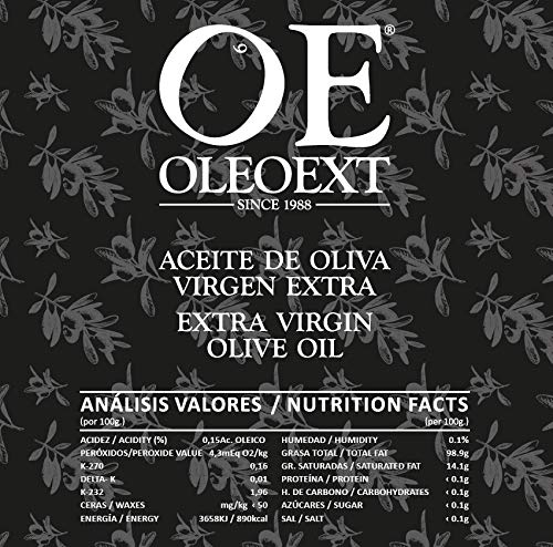 OleoExt - Aceite de Oliva Virgen Extra Monovarietal Cornicabra (0,1º acidez) de cosecha temprana- Garrafa 2 Litros