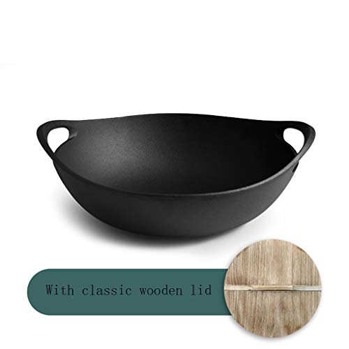 Olla de hierro Wok Gruesa Olla de hierro fundido Multifunción Doble oreja Wok Antigua olla de hierro grande Sin recubrimiento Olla antiadherente Hogar Olla de hierro crudo 36 cm Sartén, cocina de indu
