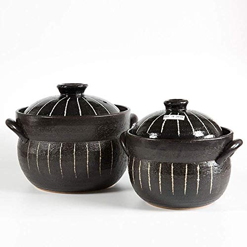 Olla Olla Cazuela Estufa redonda Olla de arroz de piedra para estofado con tapa doble Olla arrocera de arcilla Olla de sopa Loza de barro Cacerola de cerámica resistente al calor Negro 21 x 17,5