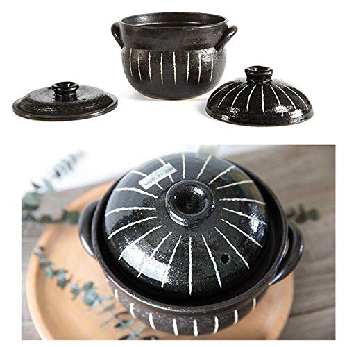 Olla Olla Cazuela Estufa redonda Olla de arroz de piedra para estofado con tapa doble Olla arrocera de arcilla Olla de sopa Loza de barro Cacerola de cerámica resistente al calor Negro 21 x 17,5