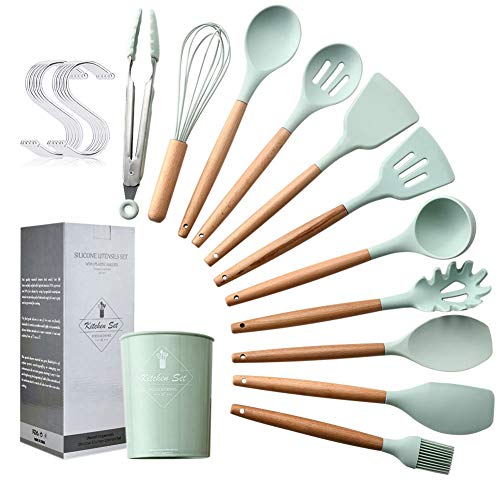 Olyee - Juego de 11 Utensilios de Cocina de Silicona con Soporte, espátula de cocción, Herramienta Resistente al Calor, Utensilios de Cocina antiadherentes y antiarañazos