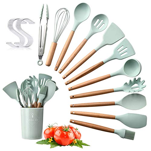 Olyee - Juego de 11 Utensilios de Cocina de Silicona con Soporte, espátula de cocción, Herramienta Resistente al Calor, Utensilios de Cocina antiadherentes y antiarañazos