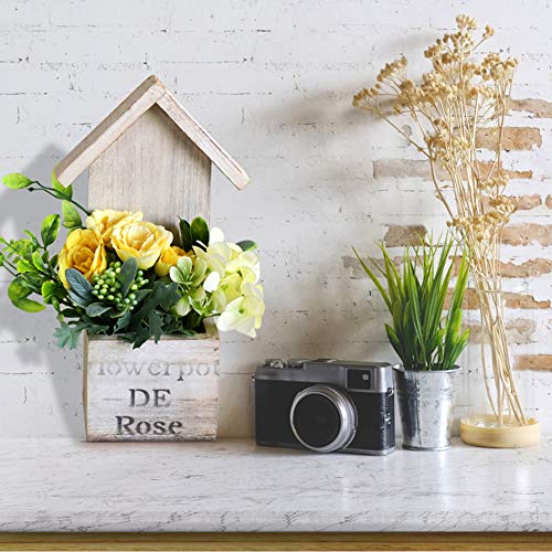 Olymajy Flores Plantas Artificiales, Dormitorio Flores Artificiales con Jarrón de Madera pared Colgante Exquisitas Rosas Artificiales para Escritorio de Oficina Cocina Interior Decoración Amarillo