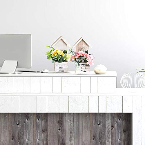 Olymajy Flores Plantas Artificiales, Dormitorio Flores Artificiales con Jarrón de Madera pared Colgante Exquisitas Rosas Artificiales para Escritorio de Oficina Cocina Interior Decoración Amarillo