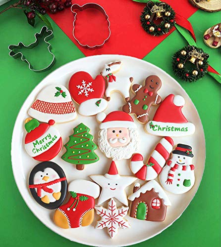 Olywee - Juego de cortadores de galletas (8 piezas, forma de pan de jengibre, muñeco de nieve, árbol de Navidad, cara de Papá Noel, reno, manoplas y bastón de caramelo, acero inoxidable