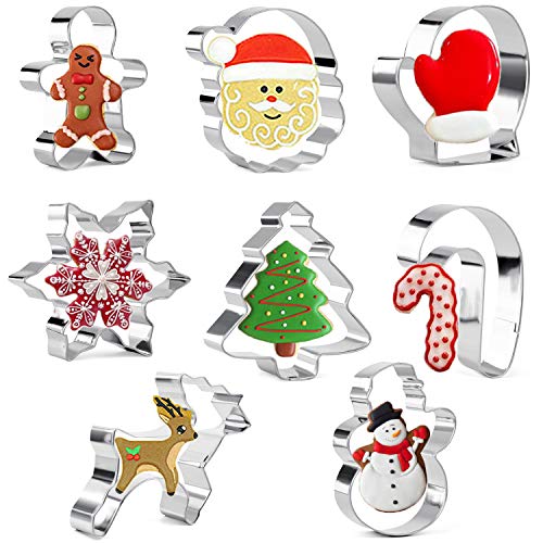 Olywee - Juego de cortadores de galletas (8 piezas, forma de pan de jengibre, muñeco de nieve, árbol de Navidad, cara de Papá Noel, reno, manoplas y bastón de caramelo, acero inoxidable