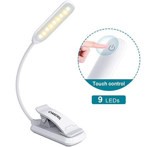 OMERIL Lampara de Lectura Recargable, 9 LED Luz Lectura Libros con Sensor Táctil, 3 Brillo Ajustable (Luz Cálido y Blanco), 360° Flexible Luz Pinza para Estudio, Cama, Libro, Tablet, PC y E-Reader