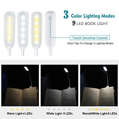 OMERIL Lampara de Lectura Recargable, 9 LED Luz Lectura Libros con Sensor Táctil, 3 Brillo Ajustable (Luz Cálido y Blanco), 360° Flexible Luz Pinza para Estudio, Cama, Libro, Tablet, PC y E-Reader