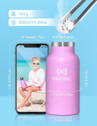 OMORC Botella Agua Acero Inoxidable, 350ml Botella para Niños, Aislado al Vacío, Botella Termo Boca Ancha a Prueba de Fugas, sin BPA, con Dos Tazas, Pajitas, Bolsa y Cepillo de Limpieza