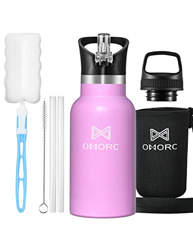 OMORC Botella Agua Acero Inoxidable, 350ml Botella para Niños, Aislado al Vacío, Botella Termo Boca Ancha a Prueba de Fugas, sin BPA, con Dos Tazas, Pajitas, Bolsa y Cepillo de Limpieza