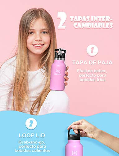 OMORC Botella Agua Acero Inoxidable, 350ml Botella para Niños, Aislado al Vacío, Botella Termo Boca Ancha a Prueba de Fugas, sin BPA, con Dos Tazas, Pajitas, Bolsa y Cepillo de Limpieza