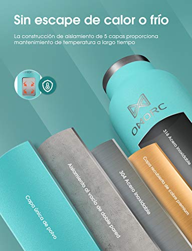 OMORC Botella Agua Acero Inoxidable, 500ml Botella, Aislado al Vacío, Botella Termo Boca Ancha a Prueba de Fugas, sin BPA, con Dos Tazas, Pajitas, Bolsa y Cepillo de Limpieza