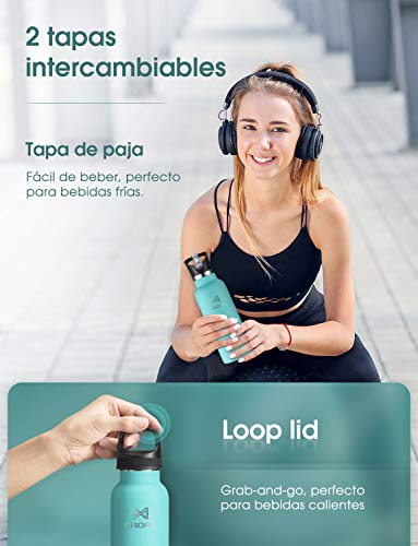 OMORC Botella Agua Acero Inoxidable, 500ml Botella, Aislado al Vacío, Botella Termo Boca Ancha a Prueba de Fugas, sin BPA, con Dos Tazas, Pajitas, Bolsa y Cepillo de Limpieza