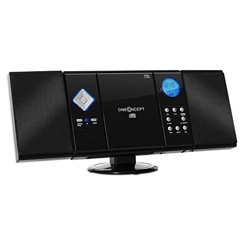 oneConcept V-12 - Cadena estéreo, Minicadena, Reproductor de CD con MP3, FM/Am, USB con MP3, Ranura SD, AUX, Mando a Distancia, Pantalla LCD, Despertador, Reloj, Montaje en Pared, Negro