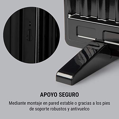 Oneconcept Wallander - Radiador de Aceite, Termostato Regulable, Cleverheat, Pantalla LED, Recalentamiento, Programable, Protección sobrecalentamiento, Móvil/Pared, 2 Patas, 600 W, Negro