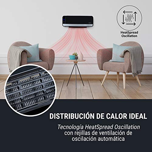 Oneconcept Wallkyrie, Elemento Calefactor con 2 etapas: 1000/ 2000W, Temperatura 10-49°C, termostato, protección contra sobrecalentamiento, Ranuras ventilación oscilantes automáticas, IPX2, Negro