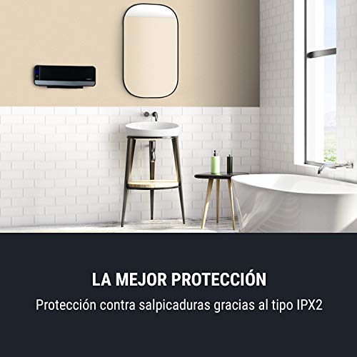 Oneconcept Wallkyrie, Elemento Calefactor con 2 etapas: 1000/ 2000W, Temperatura 10-49°C, termostato, protección contra sobrecalentamiento, Ranuras ventilación oscilantes automáticas, IPX2, Negro