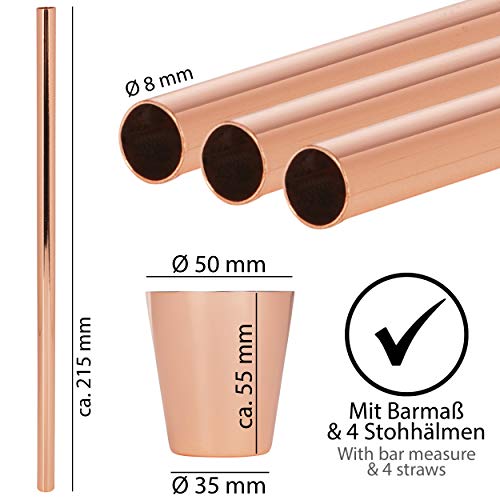 ONVAYA® Taza de Moscow Mule | Set de regalo con 4 tazas, medida de barra y paja | Copas de cobre para cócteles | 4 tazas de cobre con una capacidad de 480ml | Juego completo | Gin Mule