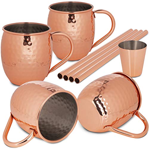 ONVAYA® Taza de Moscow Mule | Set de regalo con 4 tazas, medida de barra y paja | Copas de cobre para cócteles | 4 tazas de cobre con una capacidad de 480ml | Juego completo | Gin Mule